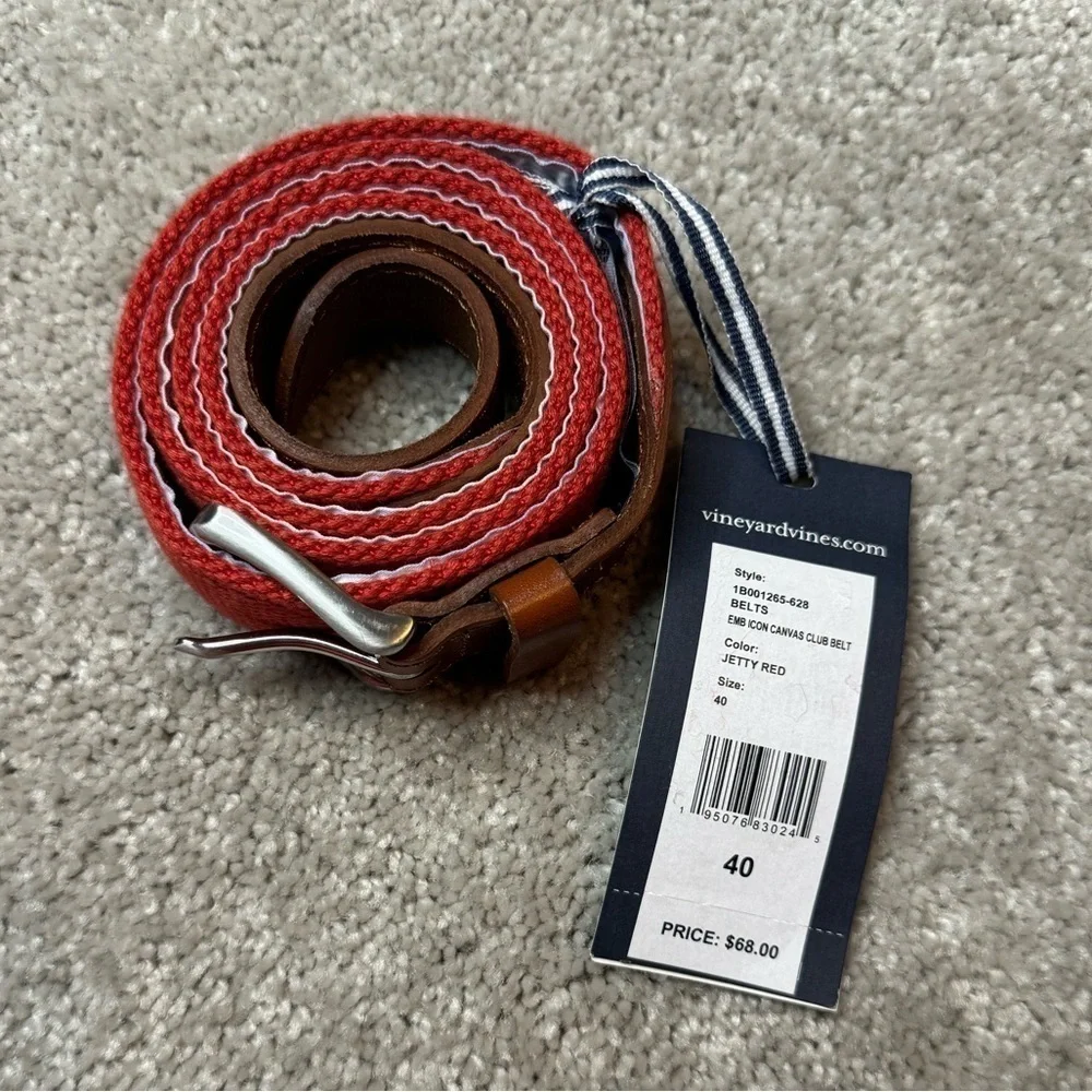 NWT Vineyard Vines Men's Red Canvas Club Belt Red Nautical $68 Sz 32 or 36 or 38
